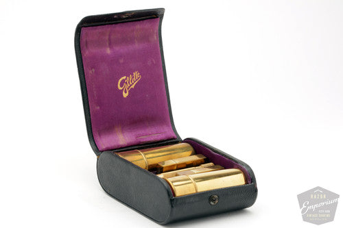 1916 Gillette Gold Single Ring Travel Set in Black Leather Case with Script Logo