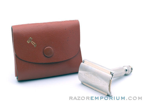 1963 I1 Gillette Travel Tech Safety Razor Brown Leather Case