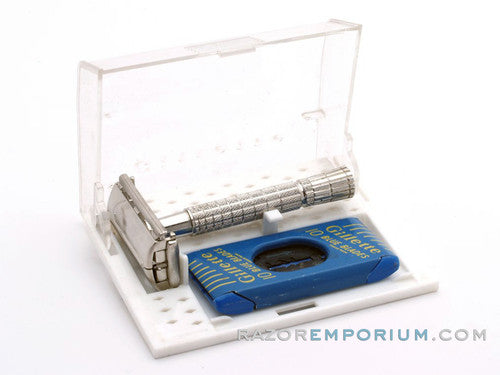 1959 E1 Flare Tip Super Speed DE Safety Razor Set Nickel w/ White Case & Blade Bank