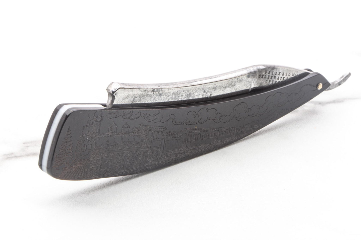 6/8" Vintage Restored Frederick's "Celebrated" Straight Razor With Custom Train Etched Scales