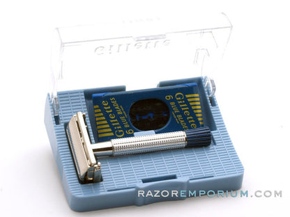 1959 E2 Gillette Blue Tip Light DE Super Speed Razor Nickel Set w/ Case, Instructions, & Blade Bank