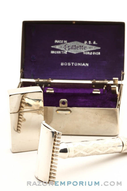 1922 Gillette Silver New Improved Bostonian Safety Razor Set in Orig. Box w/ Blade Bank