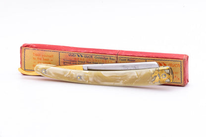 5/8" Dubl Duck Goldedge Pearlduck + Gold Inlay Celluloid Scales Straight Razor  | Solingen, Germany