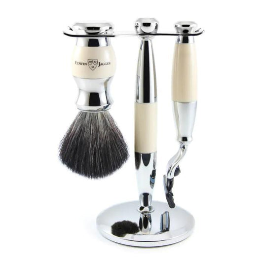Edwin Jagger | Gillette® Mach3® Razor Shaving Set Imitation Ivory & Chrome 3pc (Black Synthetic)