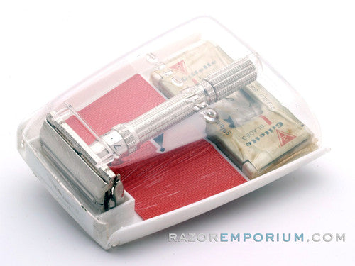 1964 J2 Gillette Slim Adjustable Safety Razor Nickel w/ Red Case & Blade Bank