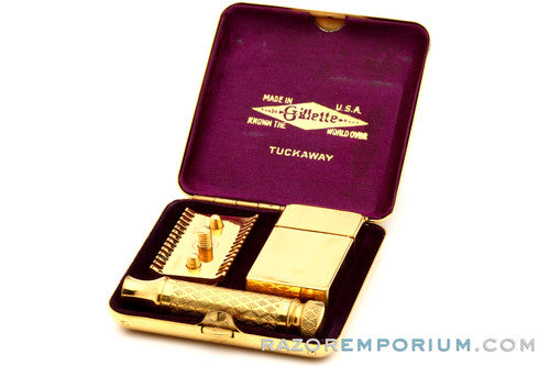 1920's Gillette New Improved Gold Tuckaway Travel Safety Razor Set w/ Blade Bank