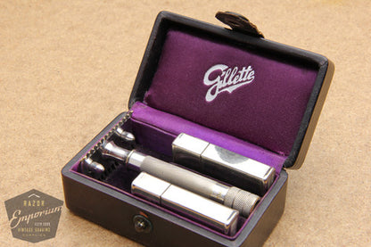 Gillette 1908 Single Ring Old Type Script Logo Set in Leather Case w/ Blade Banks