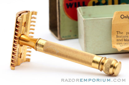 1930's Gillette Goodwill Era Gold DE Razor with Original Box
