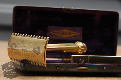 Gillette 1909 Gold ABC Pocket Edition Lined Handle - Old Type Open Comb DE Razor Set