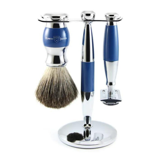 Edwin Jagger | Double Edge Safety Razor Shaving Set Blue & Chrome 3pc (Black Synthetic)
