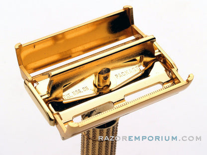 1948-1951 Gillette Aristocrat DE Safety Razor w/ Original Leather Case, Box, & Blades * 24K Gold - New Old Stock - MINT