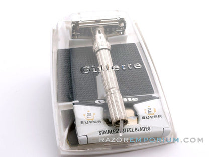 1968 N4 Gillette Slim Adjustable Double Edge Safety Razor Set w/ Case & Blade Bank