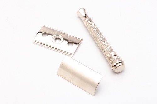 1909 Gillette Silver  ABC Pocket Edition OLD Type Floral Handle - Open Comb DE Razor Set