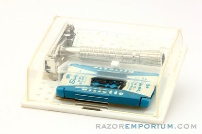 1959 E2 Regular Super Speed Flair Tip DE Safety Razor Set Nickel w/ White Case & Blade Bank & Instructions