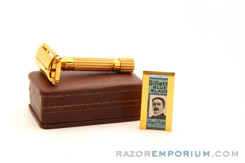 1940's Gillette Gold Aristocrat Double Edge in Maroon Case w/ Box Excellent