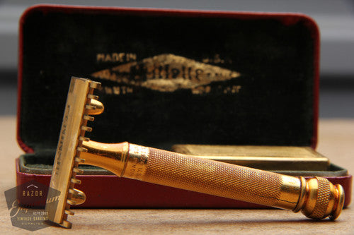 Gillette 1930's Ball End Old Type Style DE Razor in Red Leather Case