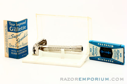 1959 E2 Regular Super Speed Flair Tip DE Safety Razor Set Nickel w/ White Case & Blade Bank & Instructions