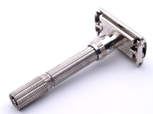 1964 J3 Gillette Slim Adjustable Safety Razor Nickel w/ Red Case & Blade Bank
