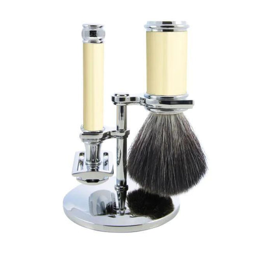 Edwin Jagger | Imitation Ivory & Chrome 3 Piece DE Set (Black Synthetic)