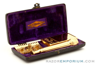 1909 Gillette Gold ABC Pocket Edition - Old Type (DE) Razor with Gun Metal Case and Blade Bank