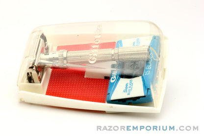 1965 K4 Gillette Slim Adjustable Safety Razor Nickel w/ Red Case & Blade Bank & Instructions
