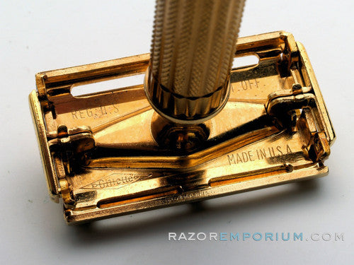 1948-1951 Gillette Aristocrat DE Safety Razor W/ Leather Case & Blade Bank *24K Gold - New Old Stock