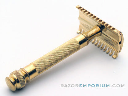 1930's Gillette Gold NEW Long Comb Ball End DE Safety Razor Set w/ Orig. Case & Bladebank