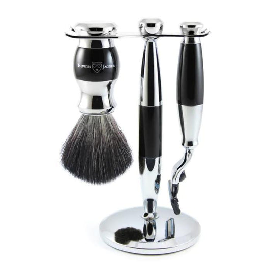 Edwin Jagger | Gillette® Mach3® Razor Shaving Set Imitation Ebony & Chrome 3pc (Black Synthetic)