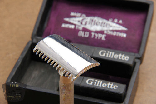 Gillette 1920 Silver Single Ring Old Type DE Razor Set in Leather Case w/ Leather Blade Banks * REVAMPED