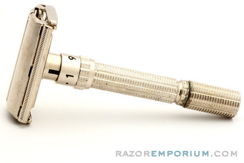 1960's Gillette Slim Adjustable DE Safety Razor Nickel w/ Gold Case & Blade Bank & Instructions