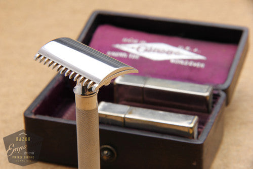 Gillette 1920 Silver Single Ring Old Type Set in Leather Case w/ Blade Banks