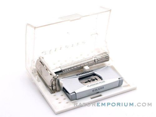1960 F2 Flair Tip Super Speed DE Safety Razor Set Nickel w/ White Case & Blade Bank