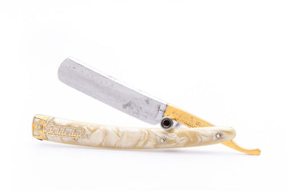 5/8" Dubl Duck  Pearlduck Goldedge & Gold Inlay Celluloid Scales Straight Razor | Solingen, Germany