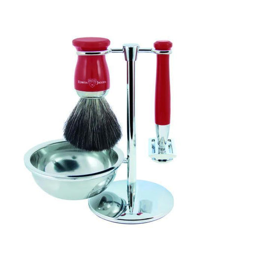 Edwin Jagger | Double Edge Safety Razor Shaving Set Red 4pc (Black Synthetic)