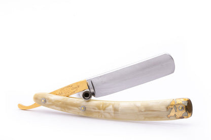 5/8" Dubl Duck Pearlduck Goldedge + Gold Inlay Celluloid Scales Straight Razor  | Solingen, Germany