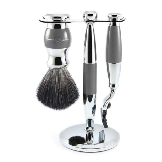Edwin Jagger | Gillette® Mach3® Razor Shaving Set Grey & Chrome 3pc (Black Synthetic)