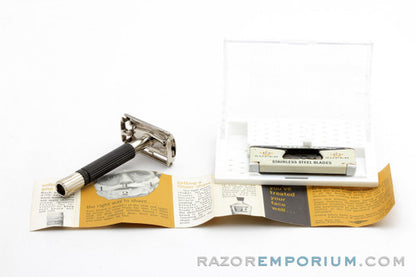 1973 Gillette T2 Black Handle Super Speed DE Safety Razor Set