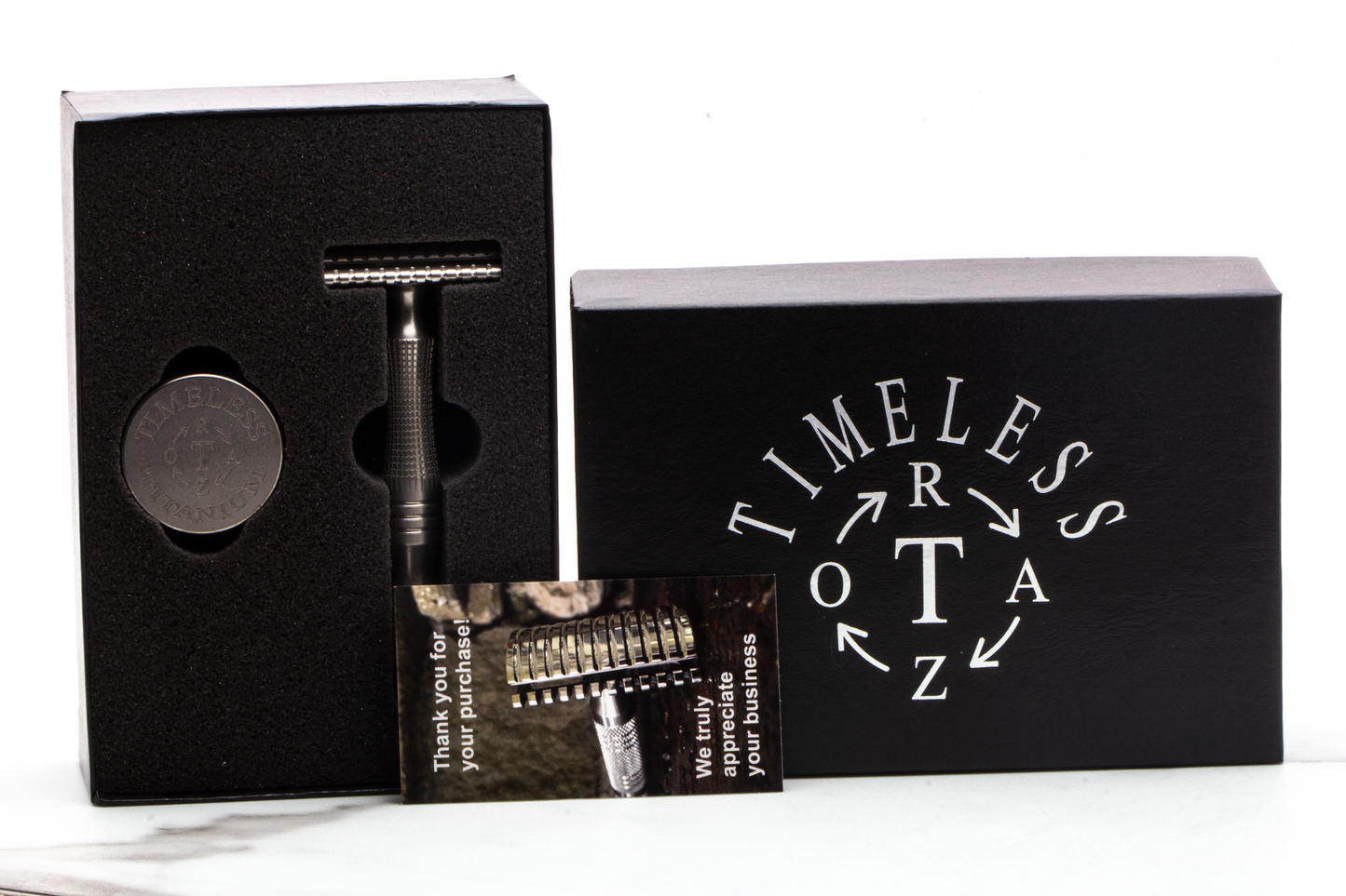 Timeless Razor | Titanium Scalloped .095mm Baseplate With Crown Handle & Stand