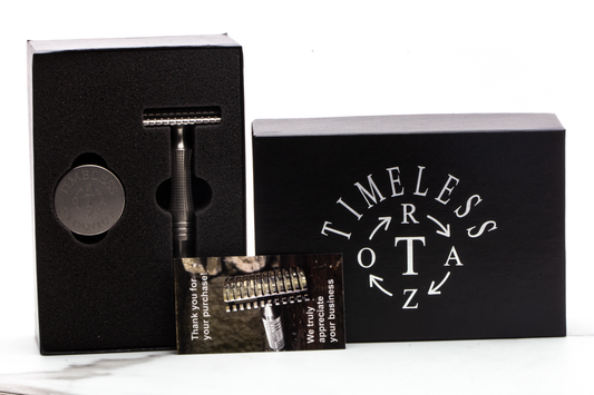 Timeless Razor | Titanium Scalloped .095mm Baseplate With Crown Handle & Stand