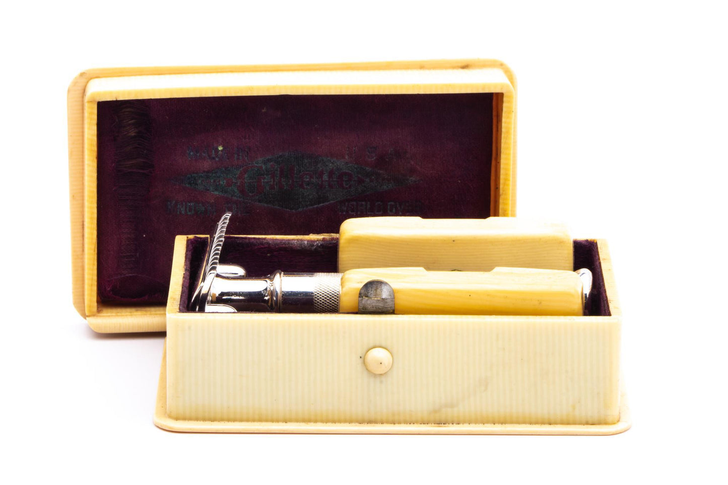 1917 Gillette Aristocrat Fluted Handle Double Edge Safety Razor Set | Original Condition