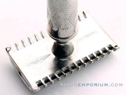 1930's Gillette New Deluxe Belmont DE Safety Razor w/ Metal Case & Blade Bank | Rhodium Revamp