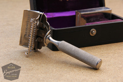 Gem 1912 Style Single Edge Safety Razor in Black / Purple Leather Case