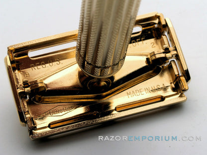 1956 B2 Gillette Diplomat Safety Razor w/ Original Leather Case & Blade Dispenser *24K Gold - New Old Stock - MINT