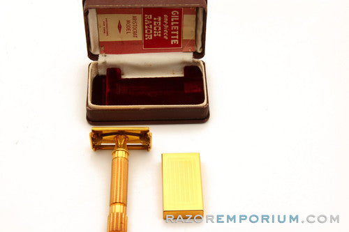 1940's Gillette Gold Aristocrat Double Edge in Maroon Case w/ Box Excellent