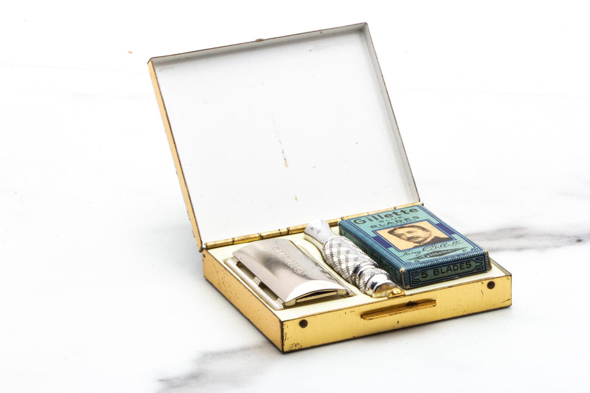 1973 T4 Gillette Ball End Tech Travel Safety Razor Set With Floral Case| Original Condition
