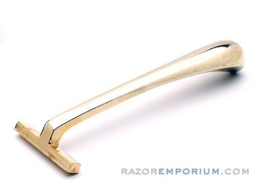 1990's Carl Michaels 14kt Gold Plated Solid Brass Razor in Reusable Gift Box w/ Travel Pouch