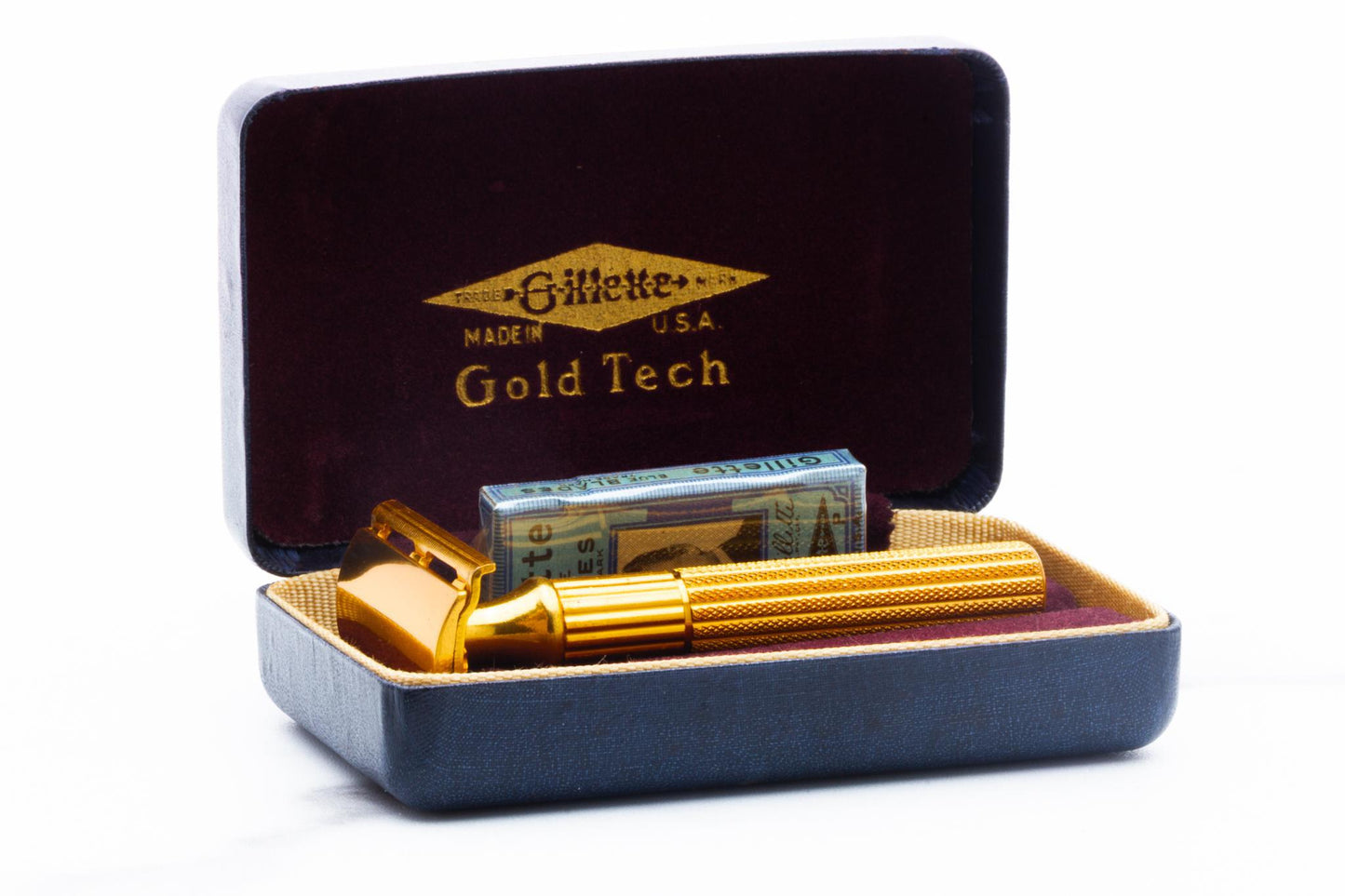 1940's Gillette Gold Fat Handle Tech Double Edge Safety Razor Set | Original Condition