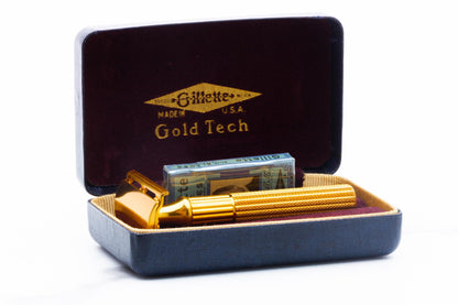 1940's Gillette Gold Fat Handle Tech Double Edge Safety Razor Set | Original Condition