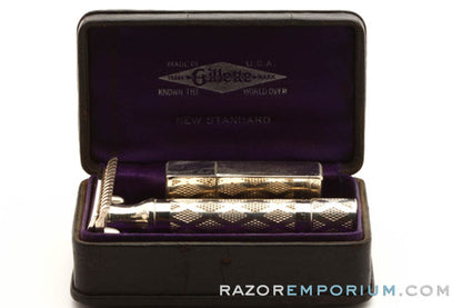 Gillette 1921 Silver New Standard Razor in Original Leather Case w/ Blade Bank