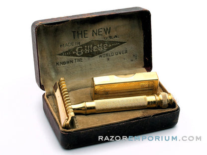 1930's Gillette Gold NEW Long Comb Ball End DE Safety Razor Set w/ Orig. Case & Bladebank